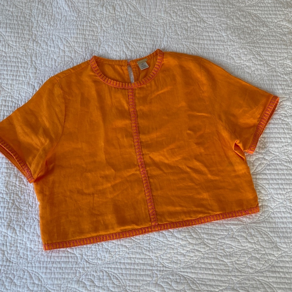 Magaschoni Linen Orange and Pink Crop Short-Sleeve Blouse